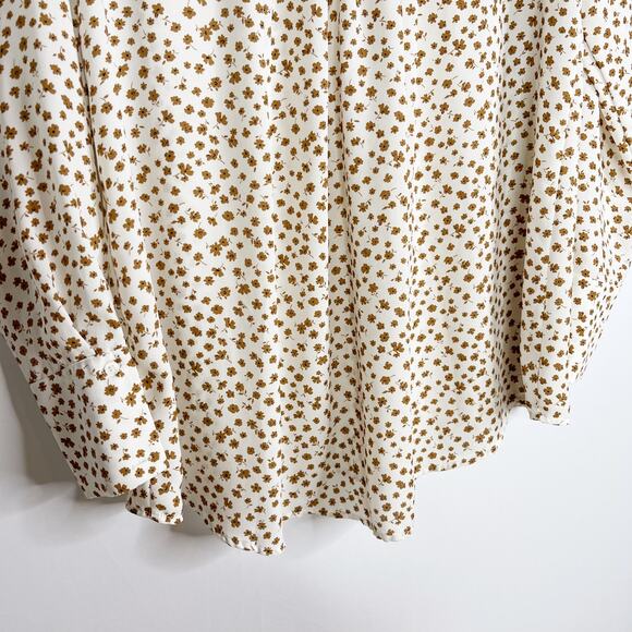 Pleione Medium Cream Orange Ditsy Floral Long Sleeve Blouse V Neck Pleated Back - Picture 10 of 10